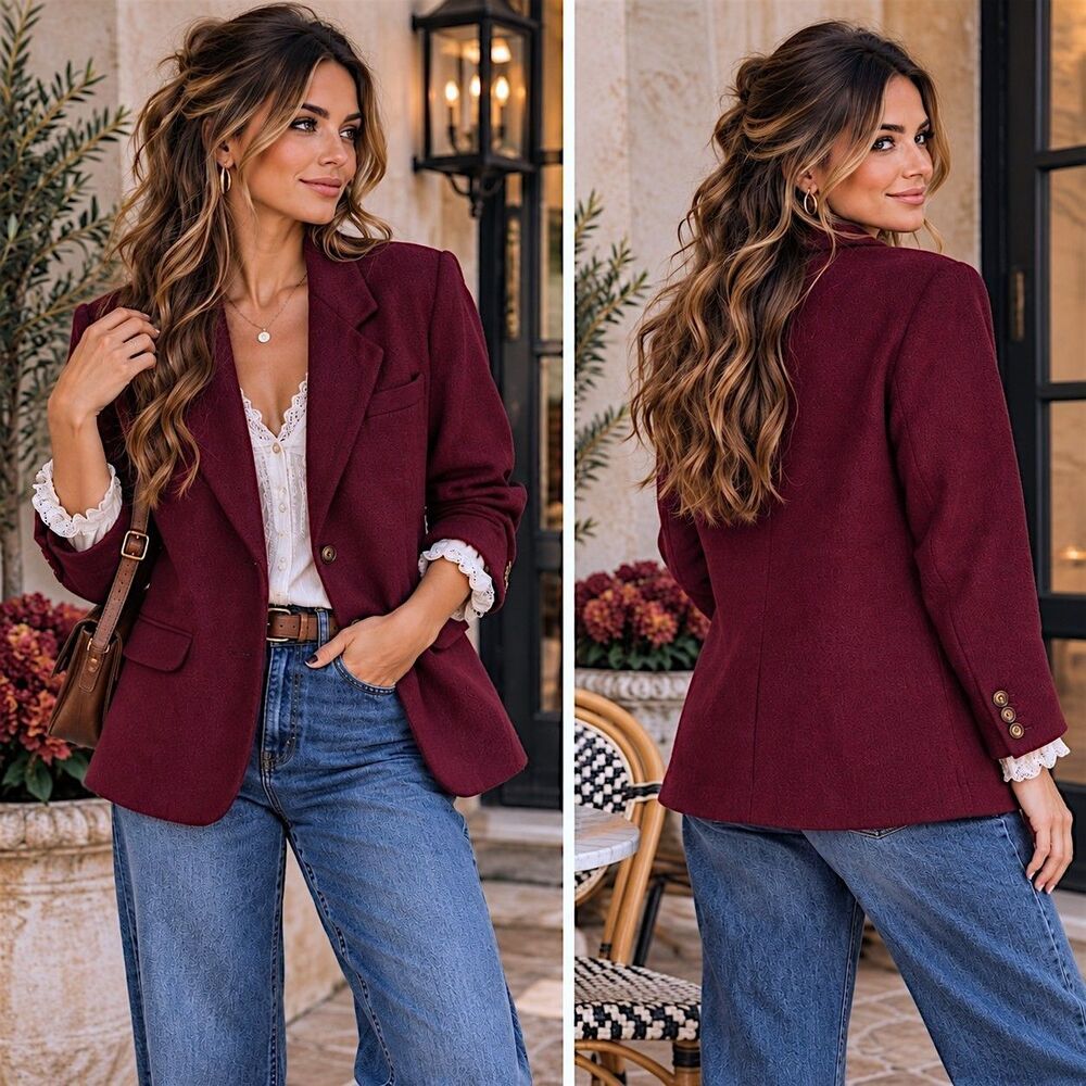 Eddie Bauer 100 Wool Blazer M Burgundy Oversized Preppy Old Money Academia Chic